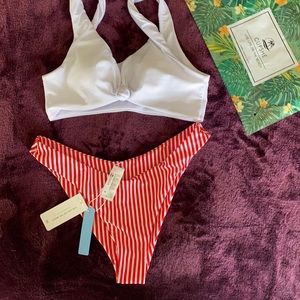 NWT Cupshe Bikini tie front red striped bottom